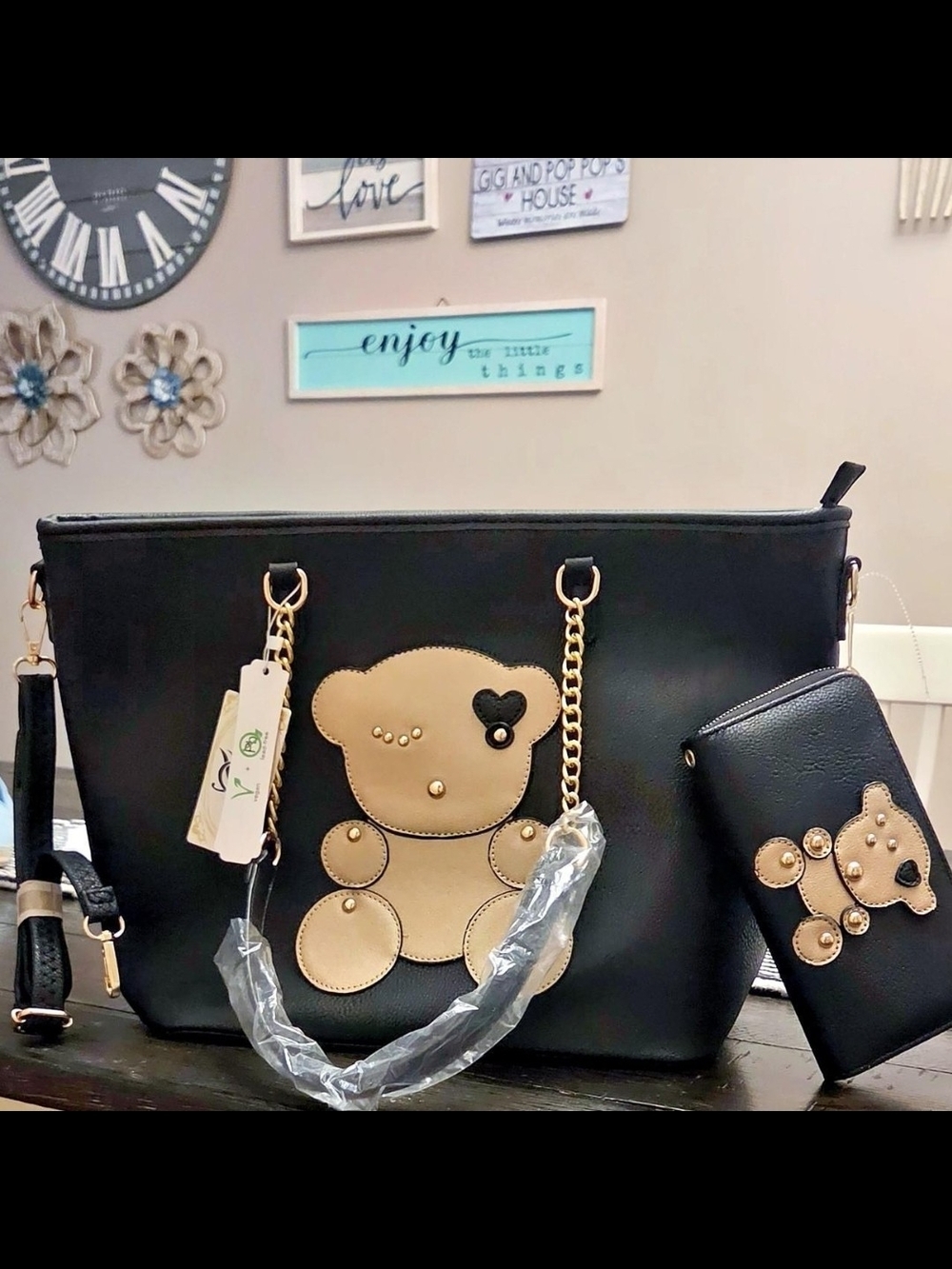 Black Tote Bag with Tan Bear Appliqué and Matching Wallet